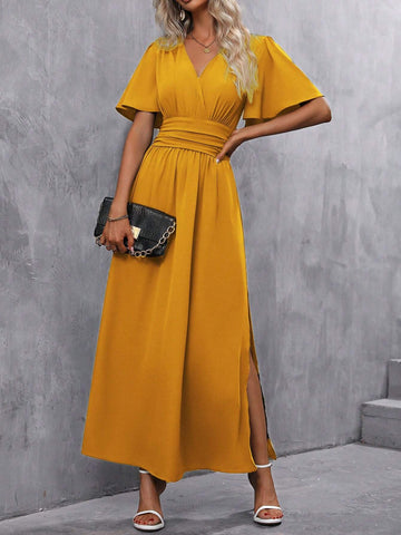 Women's Solid Color V-Neck Ruffled Short Sleeve Dress