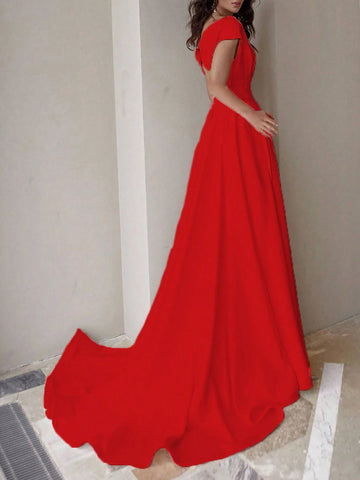 Women's Solid Color V-Neck Wrap-Around Slit-Thigh Cocktail Party Dress