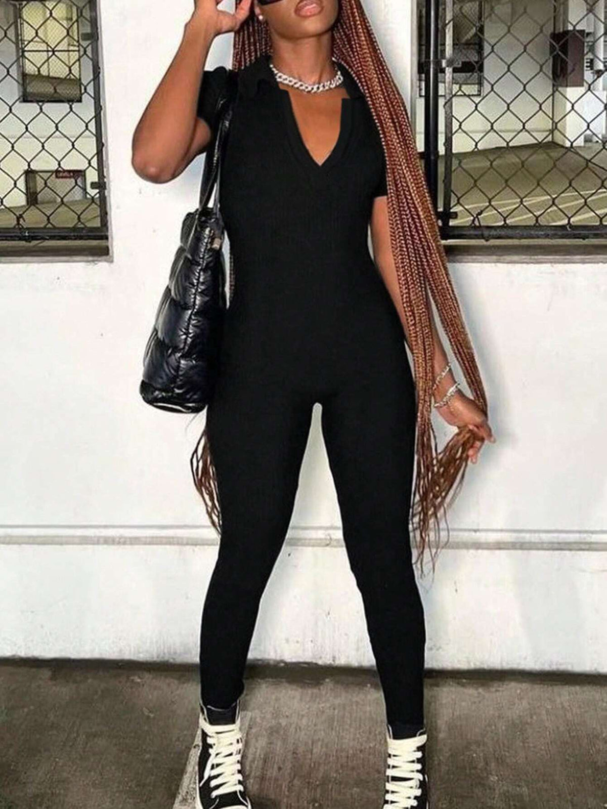 Women's Solid Color V Neck Short-Sleeved Bodycon Jumpsuit