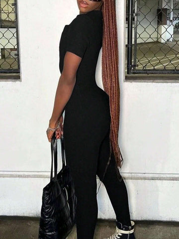 Women's Solid Color V Neck Short-Sleeved Bodycon Jumpsuit