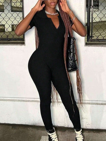 Women's Solid Color V Neck Short-Sleeved Bodycon Jumpsuit