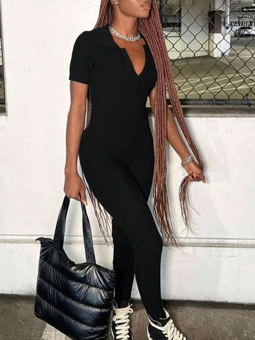Women's Solid Color V Neck Short-Sleeved Bodycon Jumpsuit
