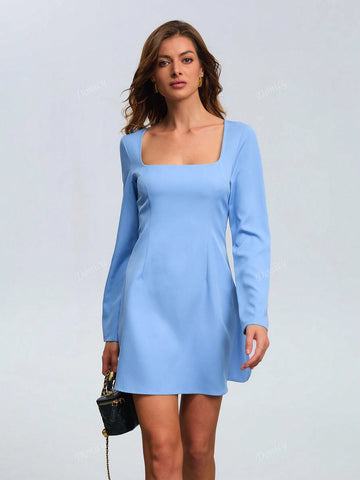 Women's Solid Color V Neck Waisted Slim Fit Short Dress, Sophisticated Office Wear Long Sleeve A-Line Mini Dress, Light Navy Blue