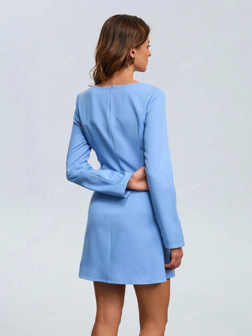 Women's Solid Color V Neck Waisted Slim Fit Short Dress, Sophisticated Office Wear Long Sleeve A-Line Mini Dress, Light Navy Blue