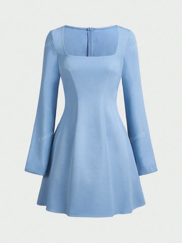 Women's Solid Color V Neck Waisted Slim Fit Short Dress, Sophisticated Office Wear Long Sleeve A-Line Mini Dress, Light Navy Blue