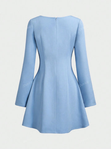 Women's Solid Color V Neck Waisted Slim Fit Short Dress, Sophisticated Office Wear Long Sleeve A-Line Mini Dress, Light Navy Blue