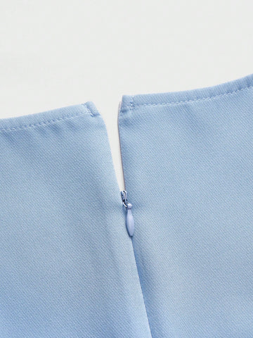 Women's Solid Color V Neck Waisted Slim Fit Short Dress, Sophisticated Office Wear Long Sleeve A-Line Mini Dress, Light Navy Blue