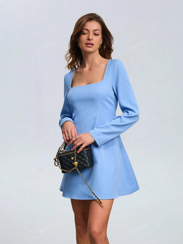 Women's Solid Color V Neck Waisted Slim Fit Short Dress, Sophisticated Office Wear Long Sleeve A-Line Mini Dress, Light Navy Blue