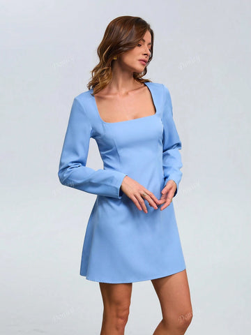 Women's Solid Color V Neck Waisted Slim Fit Short Dress, Sophisticated Office Wear Long Sleeve A-Line Mini Dress, Light Navy Blue