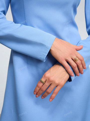 Women's Solid Color V Neck Waisted Slim Fit Short Dress, Sophisticated Office Wear Long Sleeve A-Line Mini Dress, Light Navy Blue