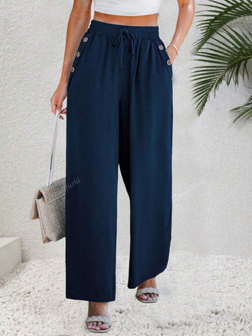 Women's Solid Color Waist Tie Pocket Loose Straight Leg Casual Pants