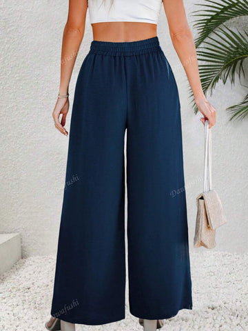 Women's Solid Color Waist Tie Pocket Loose Straight Leg Casual Pants