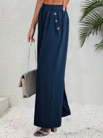 Women's Solid Color Waist Tie Pocket Loose Straight Leg Casual Pants