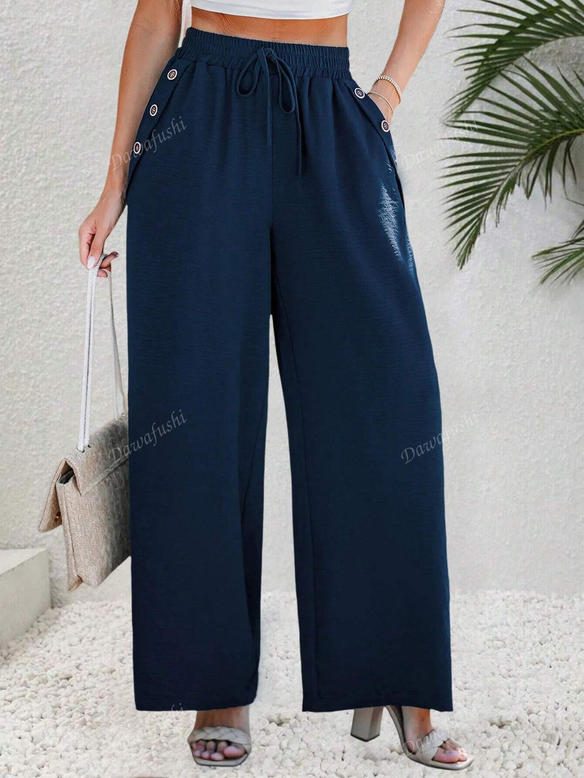 Women's Solid Color Waist Tie Pocket Loose Straight Leg Casual Pants