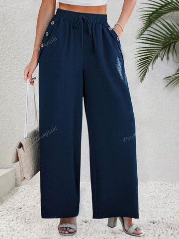 Women's Solid Color Waist Tie Pocket Loose Straight Leg Casual Pants
