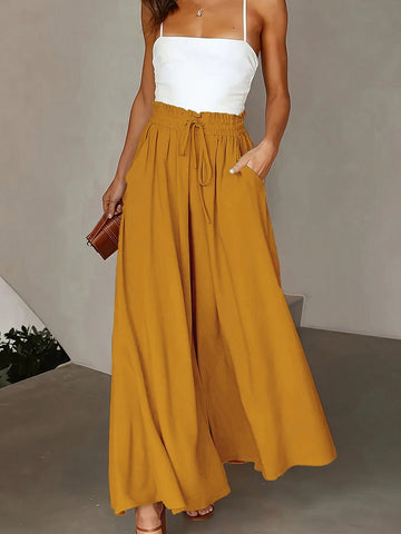 Women's Solid Color Wide Leg Loose Pants With Ruffle Trim And Waist Tie, Perfect For Holiday