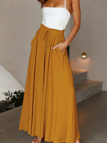 Women's Solid Color Wide Leg Loose Pants With Ruffle Trim And Waist Tie, Perfect For Holiday