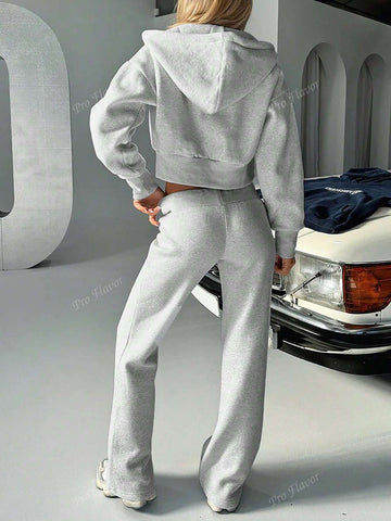 Women's Solid Color Zip Hooded Long Sleeve Sweatshirt And Sweatpants Casual Suit, Spring & Autumn