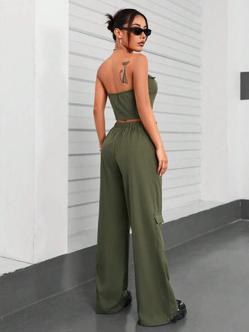 Women's Solid Color Zipper Front Bustier Top And Cargo Pants Set