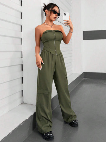 Women's Solid Color Zipper Front Bustier Top And Cargo Pants Set
