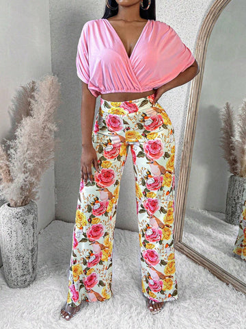 Women's Solid Colored Overlapping V Neck Batwing Sleeve Top And Floral Printed Pants 2pcs Set