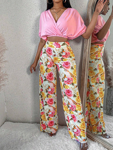Women's Solid Colored Overlapping V Neck Batwing Sleeve Top And Floral Printed Pants 2pcs Set