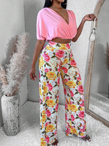 Women's Solid Colored Overlapping V Neck Batwing Sleeve Top And Floral Printed Pants 2pcs Set
