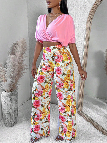 Women's Solid Colored Overlapping V Neck Batwing Sleeve Top And Floral Printed Pants 2pcs Set