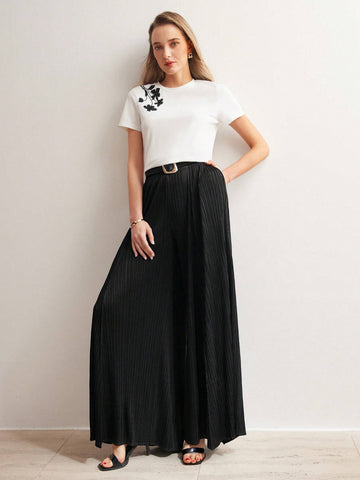 Women's Solid Colored Wide Leg Pants With Waist Belt