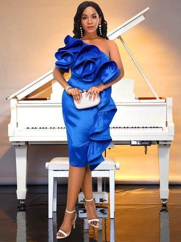 Women's Solid Irregular Neckline Ruffle Trim Slim Fit Dress