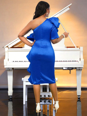 Women's Solid Irregular Neckline Ruffle Trim Slim Fit Dress