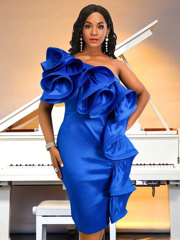 Women's Solid Irregular Neckline Ruffle Trim Slim Fit Dress