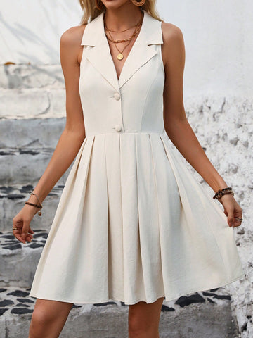 Women's Solid Lapel Sleeveless Dress With Pleated Hem