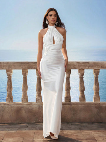 Women's Solid Satin Baroque Backless Mermaid Hem Simple Fitted Long Dress, Wedding Dress White, New Bride Gift, Wedding Party