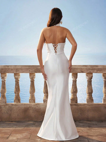 Women's Solid Satin Baroque Backless Mermaid Hem Simple Fitted Long Dress, Wedding Dress White, New Bride Gift, Wedding Party