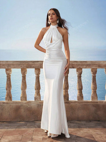 Women's Solid Satin Baroque Backless Mermaid Hem Simple Fitted Long Dress, Wedding Dress White, New Bride Gift, Wedding Party