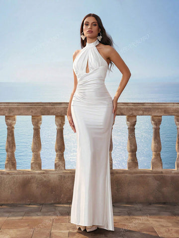 Women's Solid Satin Baroque Backless Mermaid Hem Simple Fitted Long Dress, Wedding Dress White, New Bride Gift, Wedding Party