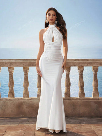 Women's Solid Satin Baroque Backless Mermaid Hem Simple Fitted Long Dress, Wedding Dress White, New Bride Gift, Wedding Party