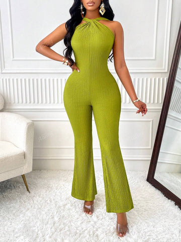 Women's Solid Sexy Solid Wide Strap Flared Leg Jumpsuit