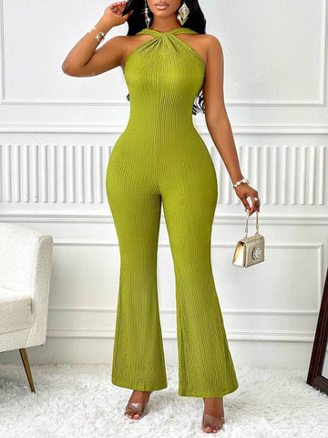 Women's Solid Sexy Solid Wide Strap Flared Leg Jumpsuit