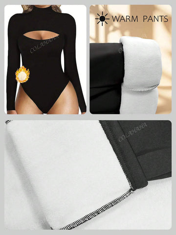 Women's Solid Stand Collar Hollow-Out Long Sleeve Bodysuit With Fleece Lining, Spring & Autumn