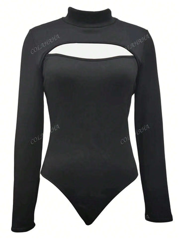 Women's Solid Stand Collar Hollow-Out Long Sleeve Bodysuit With Fleece Lining, Spring & Autumn