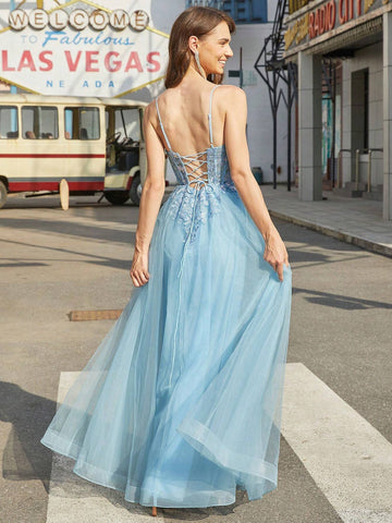 Women's Spaghetti Strap Dress With Mesh Hem And Embellished Applique