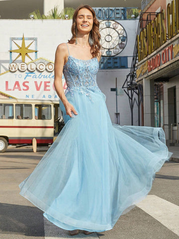 Women's Spaghetti Strap Dress With Mesh Hem And Embellished Applique