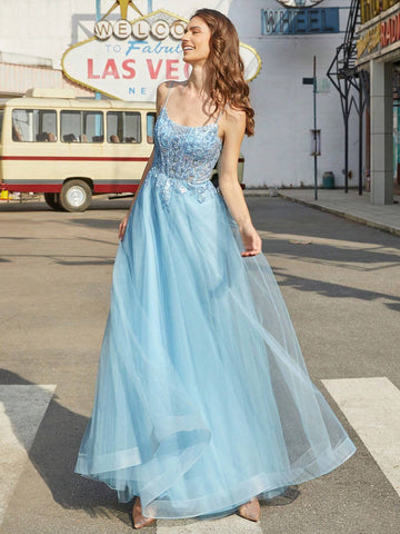 Women's Spaghetti Strap Dress With Mesh Hem And Embellished Applique