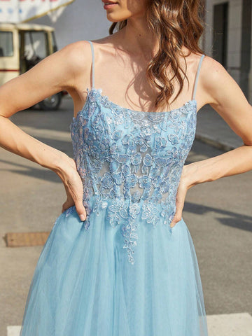 Women's Spaghetti Strap Dress With Mesh Hem And Embellished Applique