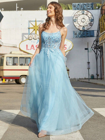 Women's Spaghetti Strap Dress With Mesh Hem And Embellished Applique