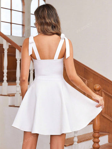 Women's Spaghetti Strap Tie Bow Ripple Hem Lace Trim Tube Dress Evening Gown, White