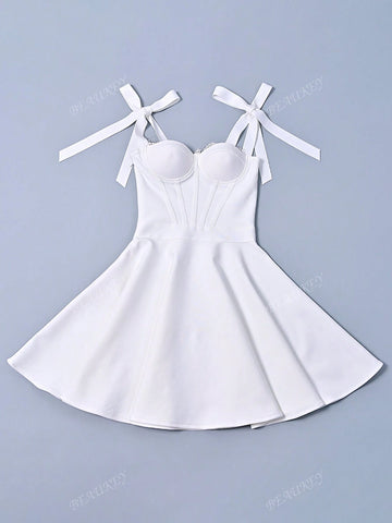 Women's Spaghetti Strap Tie Bow Ripple Hem Lace Trim Tube Dress Evening Gown, White