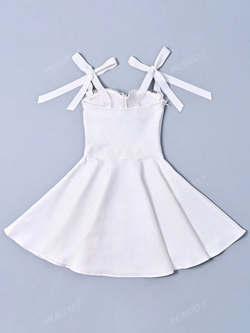 Women's Spaghetti Strap Tie Bow Ripple Hem Lace Trim Tube Dress Evening Gown, White